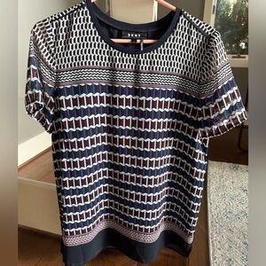 DKNY Navy Blue and White Geometric Top